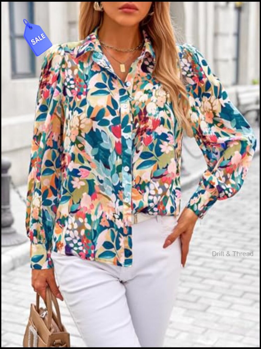 Floral Blouse V-Neck Button Down Lantern Long Sleeve Chiffon Top Boho Shirt - Picture 2 of 7